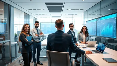 Team Standing in Glass Meeting Room Screens