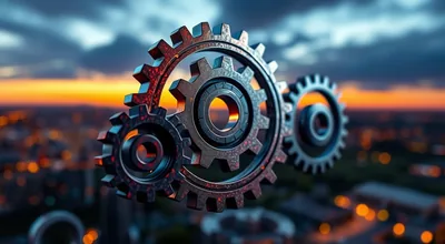 Three Gears Silhouette City Sunset
