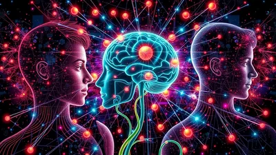 Two Profiles Facing Glowing Brain Network