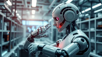 White Humanoid Robot Examining Holographic Light