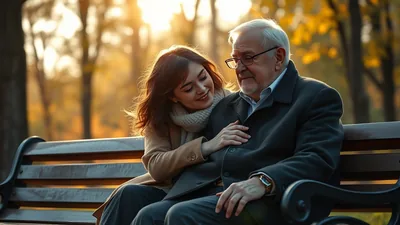 Woman Comforting Elderly Man Park Bench