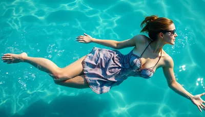 Woman in Dress Swimming Underwater