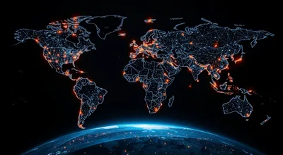 World Map Connected by Artificial Intelligence Moonlit