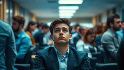 Young Man in Suit Crowded Conference Room