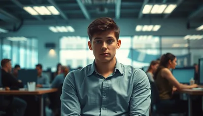 Young Professional Portrait Busy Office Background